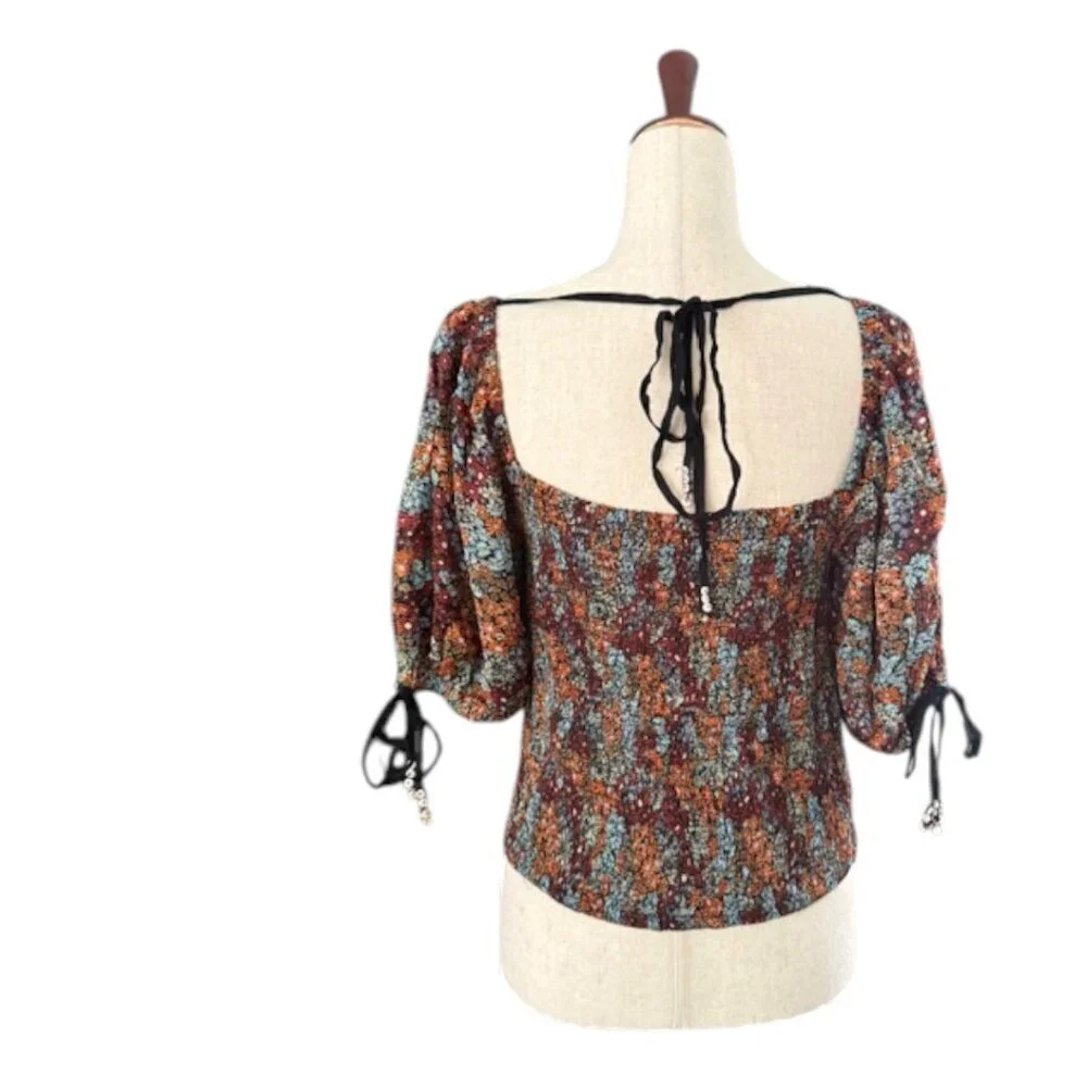 Free People Square Neck Smocked Puff Sleeve Floral Crop Top In Dark Combo Lr NWT